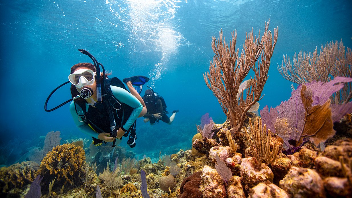 female scuba diver diving in raja ampat
